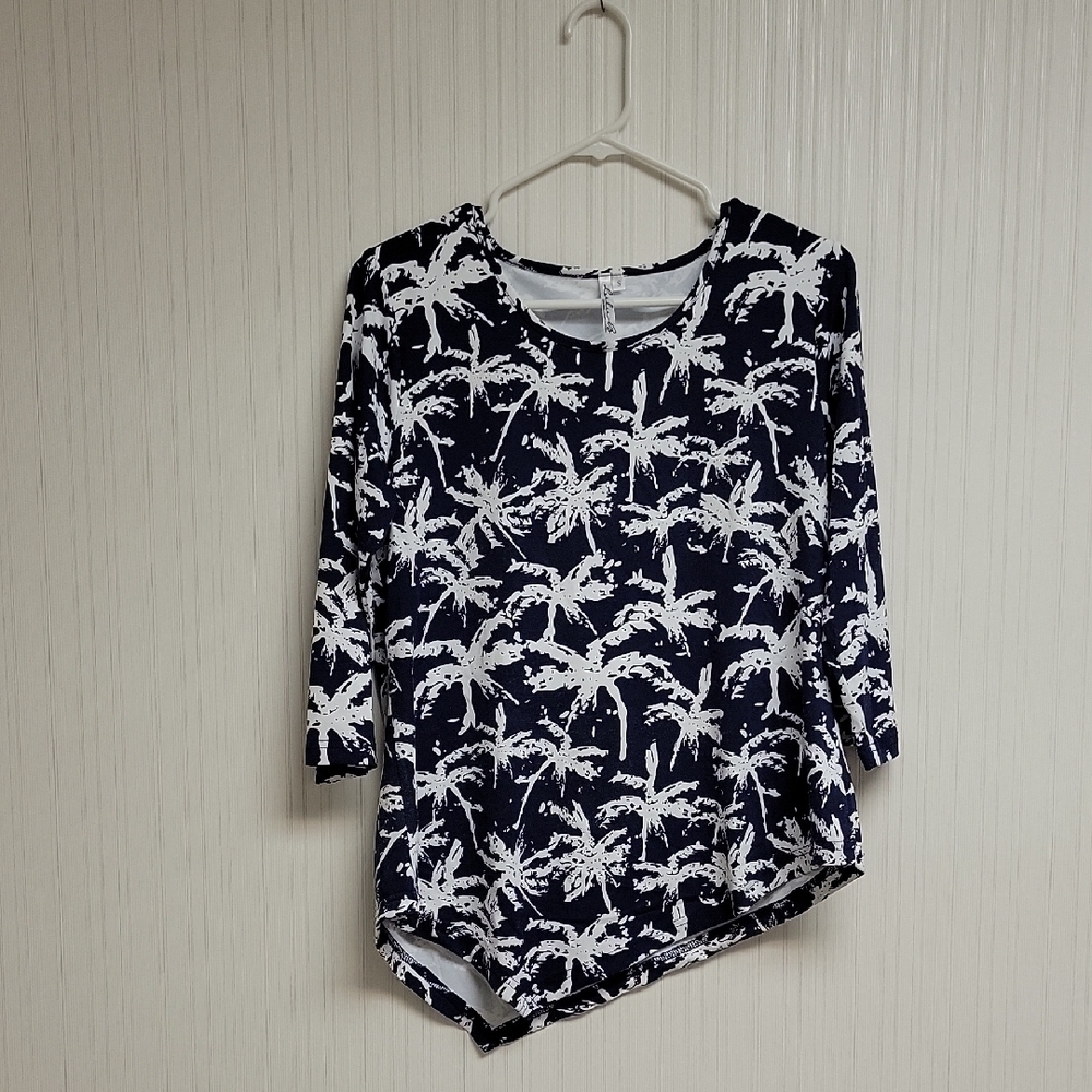Lulu-B Women's Navy and White Tropical Long Sleeve Top Sz Small